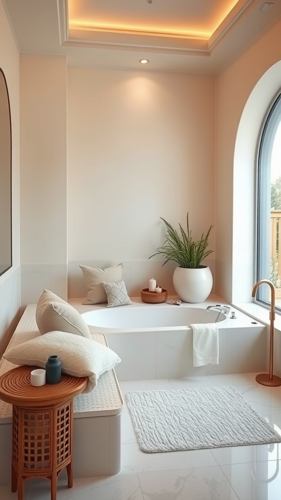 Cozy seating area in a spa-like bathroom with a bathtub, pillows, and a potted plant.