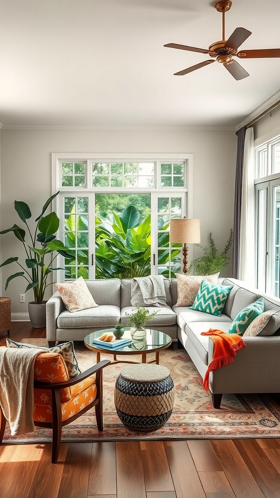 Cozy family room with a gray sectional sofa, orange accent chair, and round coffee table, surrounded by plants and natural light.