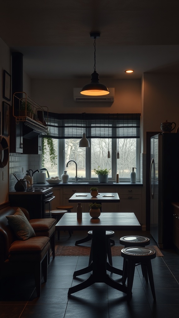 A cozy kitchen with a wooden table and comfortable seating, featuring large windows and potted plants.