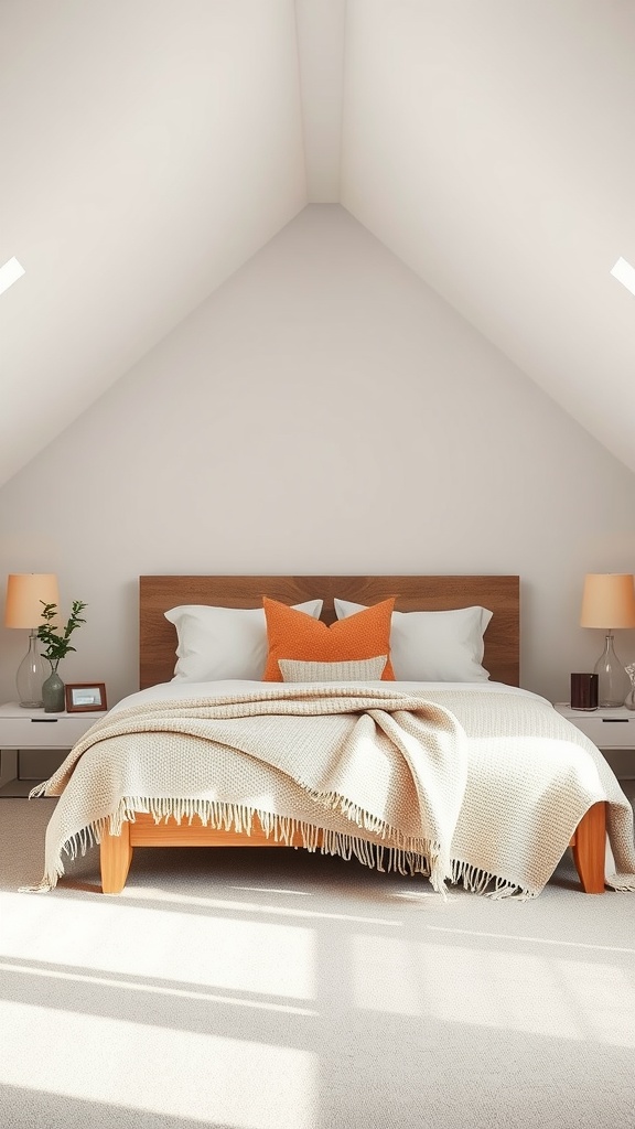 Cozy bedroom with sloped ceiling, soft textiles, and warm colors