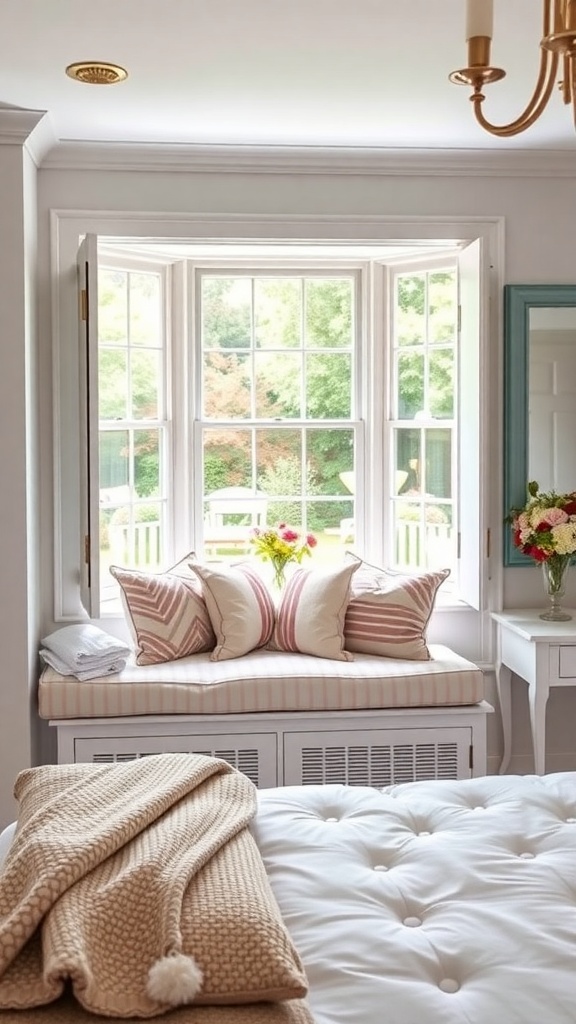 Cozy window seat with cushions and pillows in a cottage bedroom