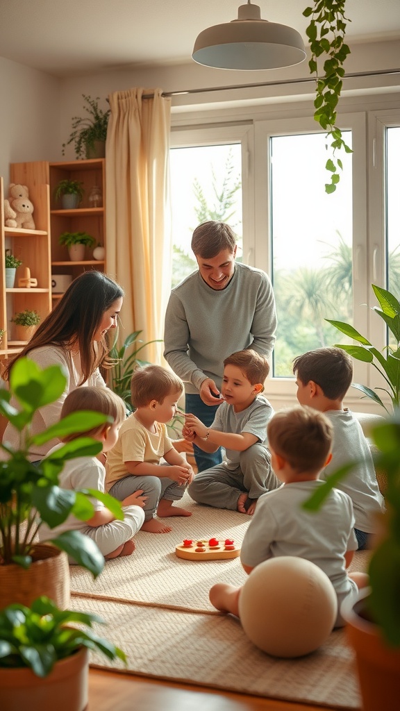 A group of children and adults engaging in a playful activity in a bright and welcoming Montessori toddler room.