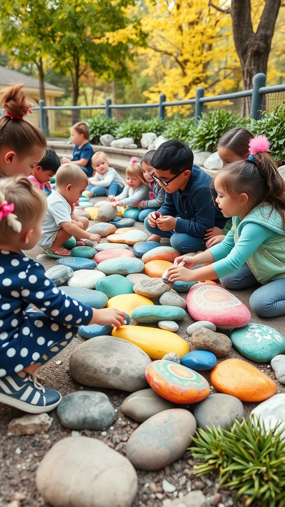 Children painting colorful rocks in a playful outdoor setting.