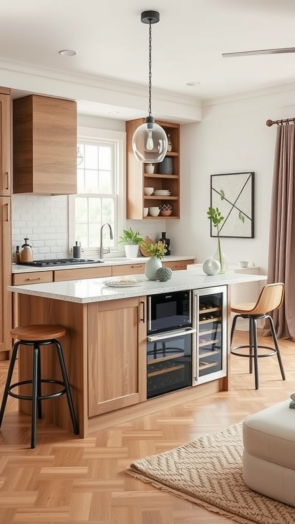 A small kitchen island featuring built-in appliances like a microwave and wine cooler, surrounded by wooden cabinets and stylish decor.