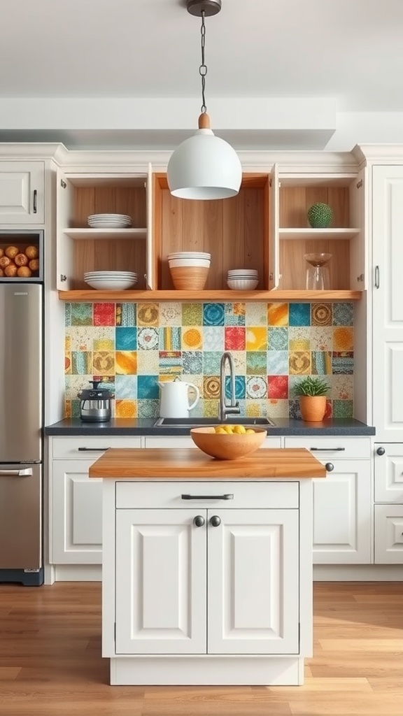 Small kitchen island with built-in storage in a cozy kitchen setting.