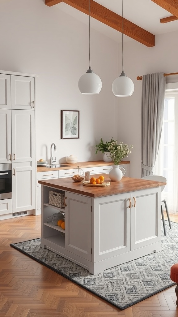 A small kitchen island with hidden storage, featuring a wooden top and white cabinetry.