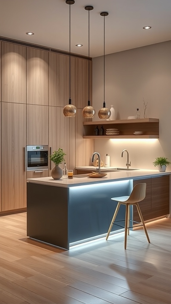 A modern kitchen island with integrated lighting, featuring pendant lights and under-cabinet illumination.