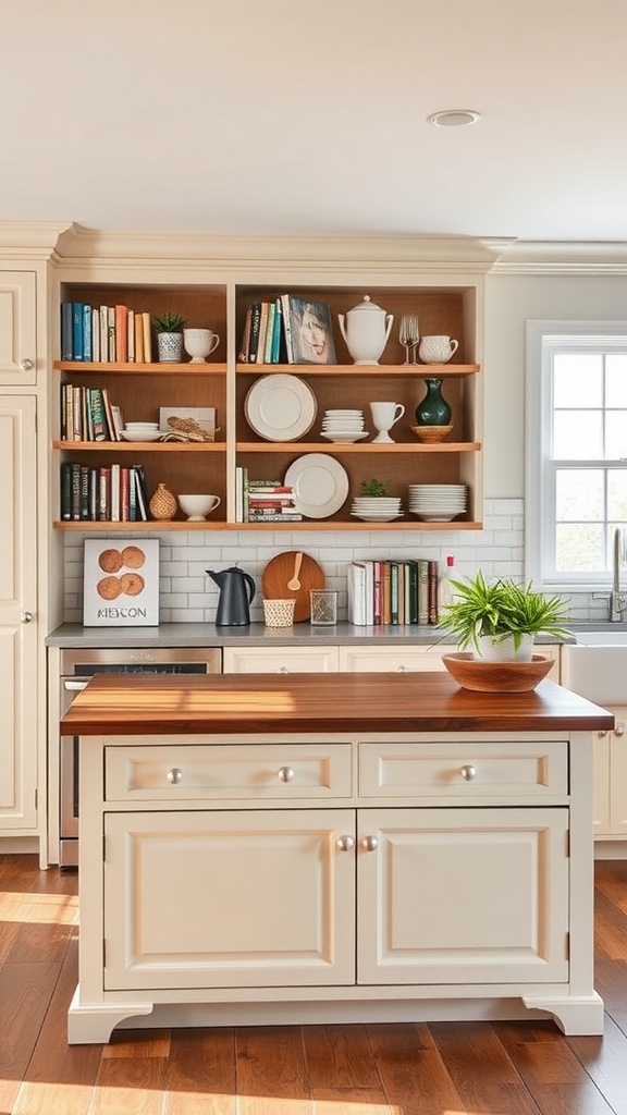 A cozy kitchen with a small island featuring open shelving, displaying books and dishware.