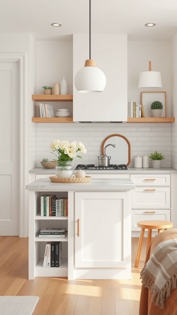 A small kitchen island with open shelving, featuring cookbooks and decorative items, complemented by a marble countertop.
