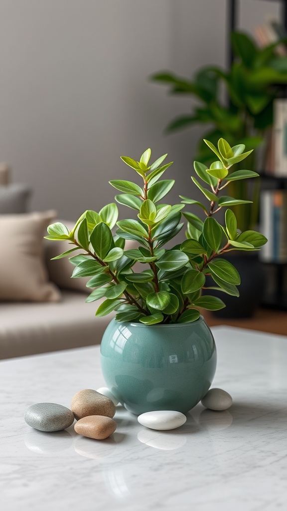 A jade plant in a teal pot surrounded by pebbles on a marble table.