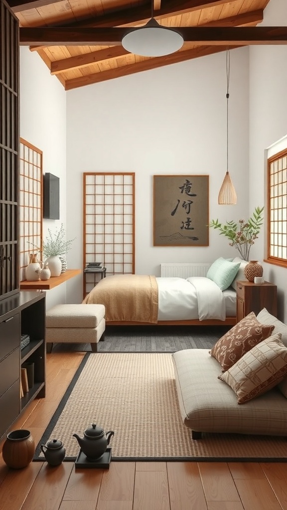 A cozy Japanese tea ceremony nook featuring a low table, tea utensils, and natural decor.