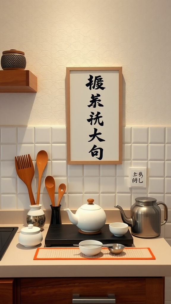 A serene Japanese tea corner with a traditional teapot, cups, and wooden utensils, showcasing a calming aesthetic.