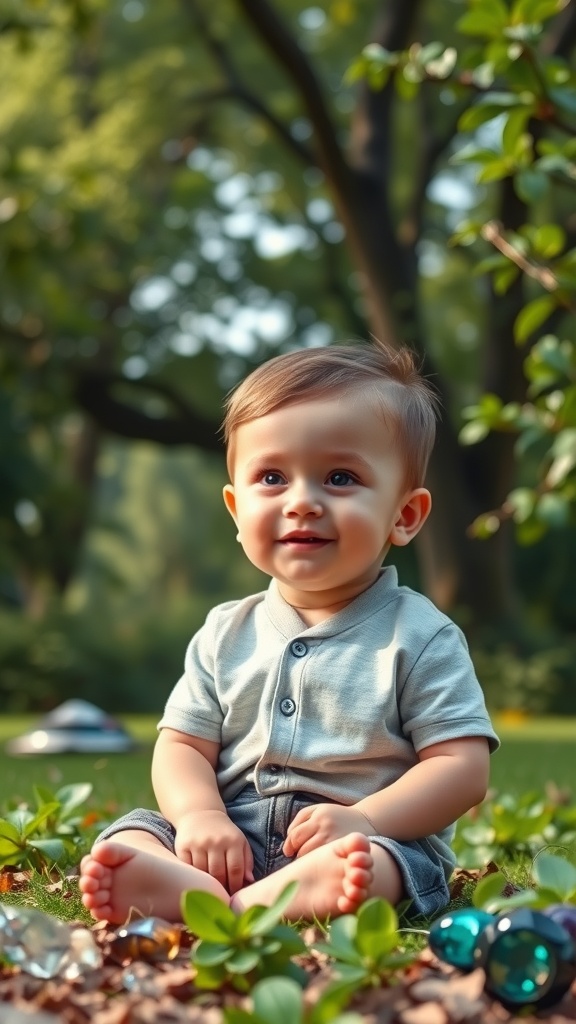 A happy little boy sitting on grass surrounded by colorful stones, embodying the earthy essence of the name Jasper.