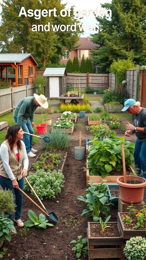 People working together in a community garden, planting vegetables and flowers.