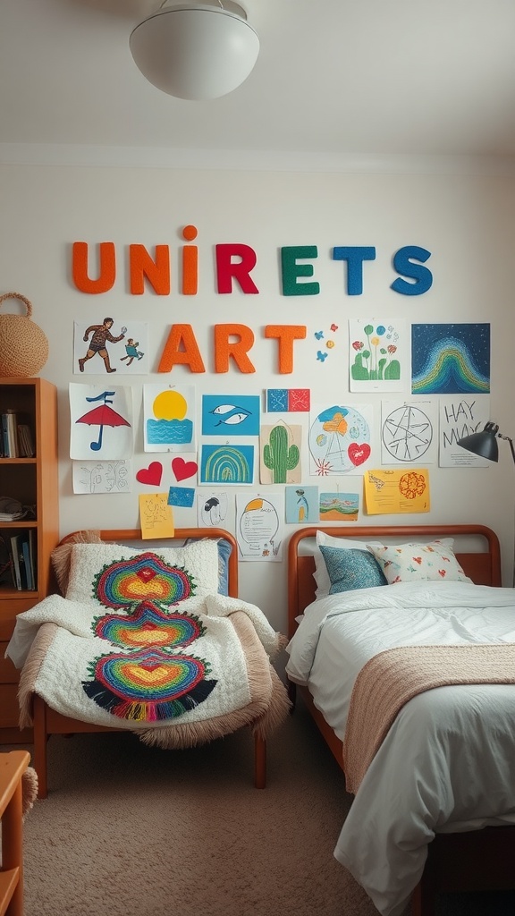 A colorful shared bedroom with a joint art display on the wall, featuring various drawings and crafts.