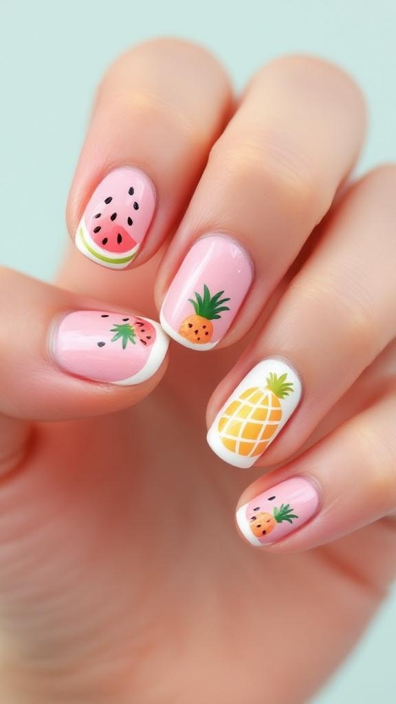 Close-up of hands with watermelon-themed nail art, wearing rings, and a cozy sweater.