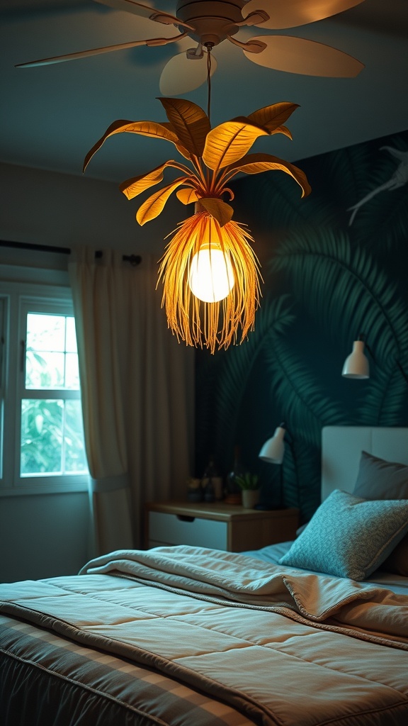 A jungle-themed bedroom with a unique lighting fixture resembling tropical leaves.