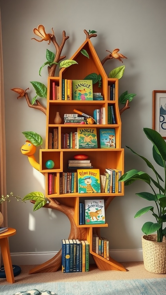 A jungle-themed bookshelf made to look like a treehouse, filled with colorful children's books and decorated with leaves and butterflies.