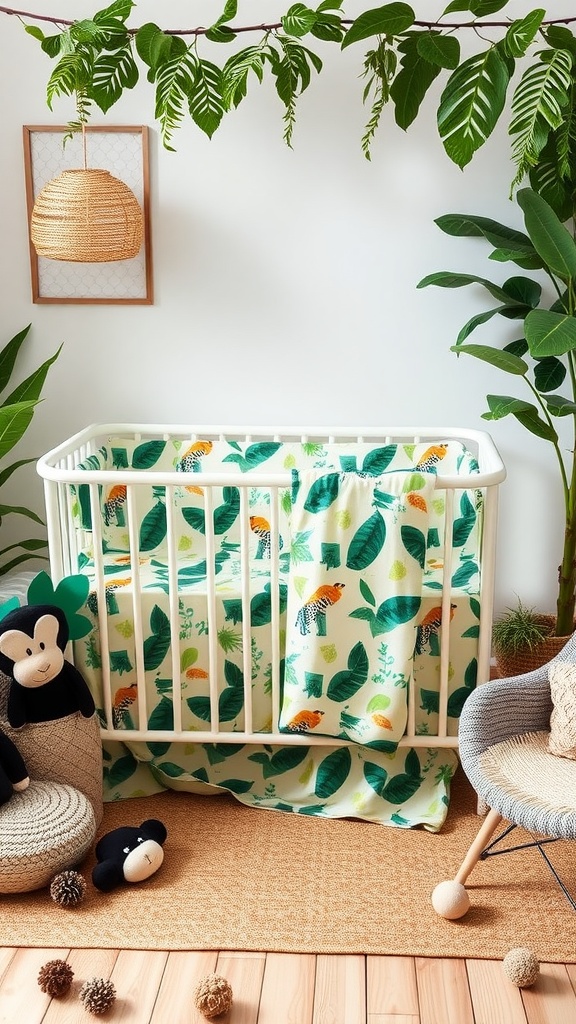 A beautifully decorated nursery with jungle-themed crib bedding featuring tigers and greenery.