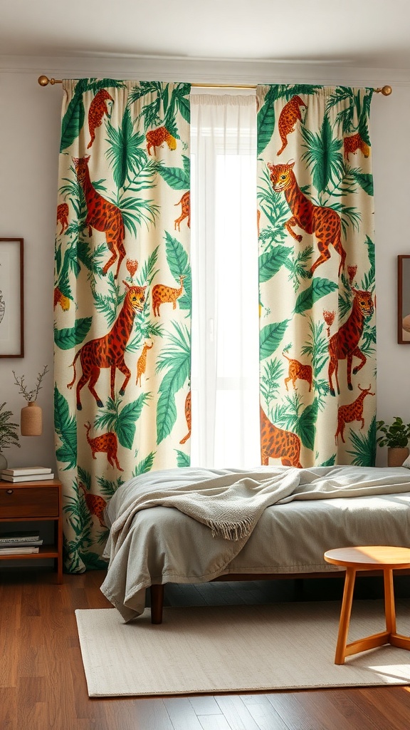 Vibrant jungle-themed curtains featuring animals and greenery in a cozy bedroom setting.