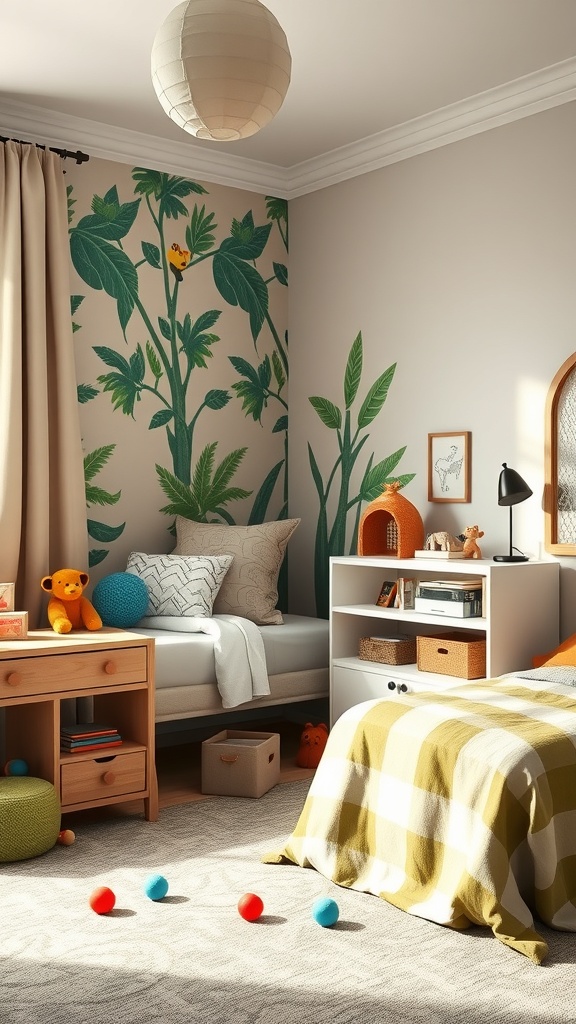 A cozy jungle-themed bedroom with plant motifs on the wall, colorful toys, and a comfortable bed.