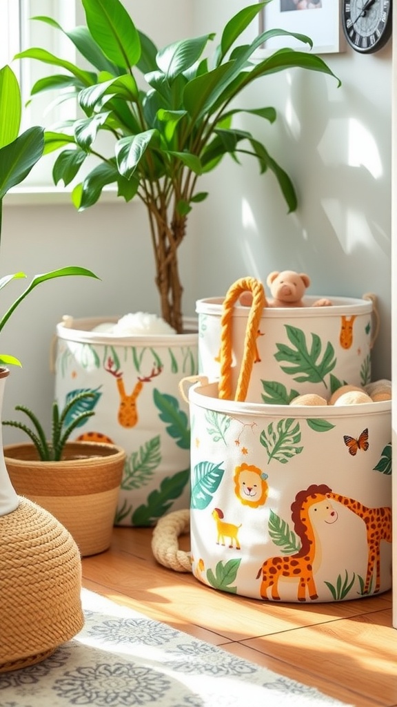 Colorful jungle-themed storage bins with animal designs, surrounded by plants in a bright nursery setting.