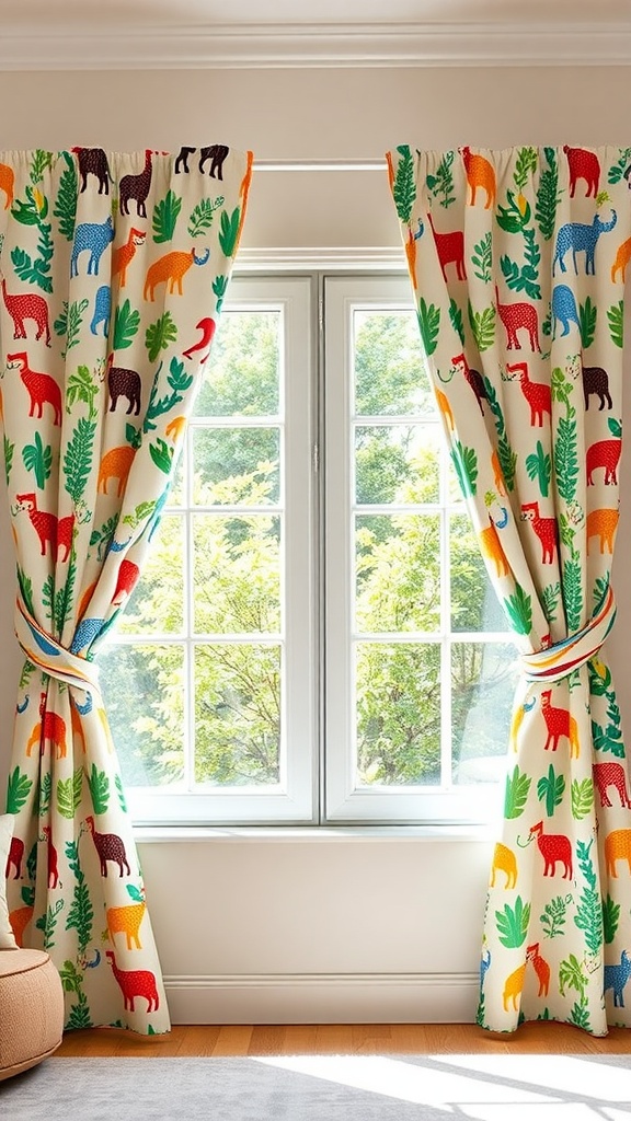 Colorful jungle-themed curtains featuring various animals and leaves