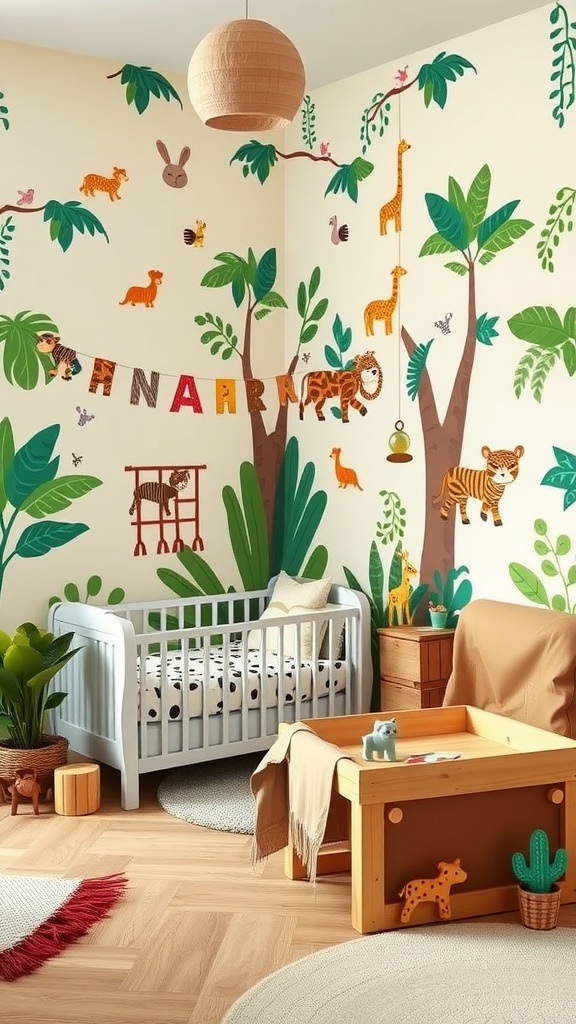 A colorful jungle-themed playroom for a baby boy, featuring animal decals, a crib, and a play table.