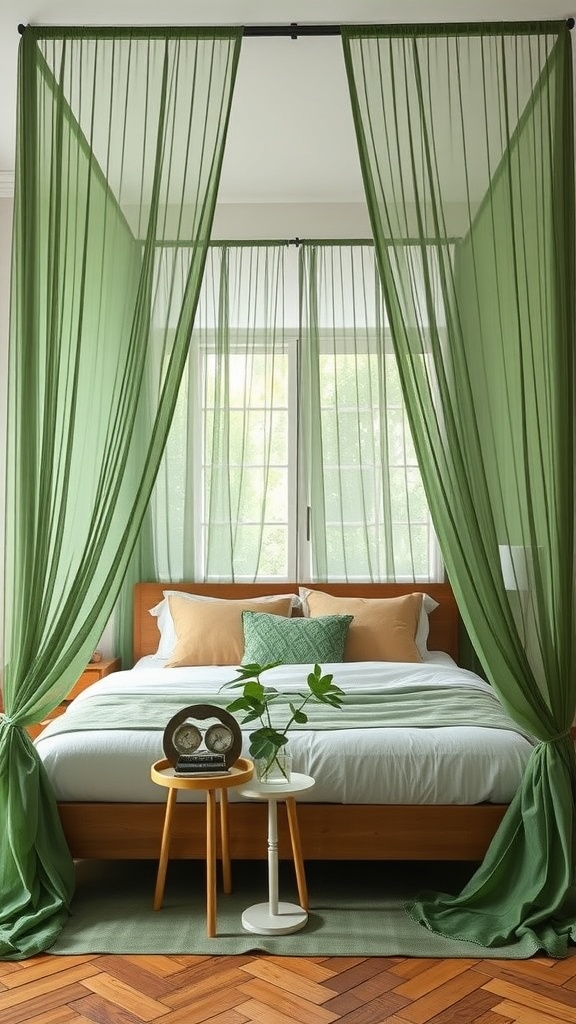 A cozy bedroom with green canopy drapes framing the bed, creating a jungle-themed atmosphere.