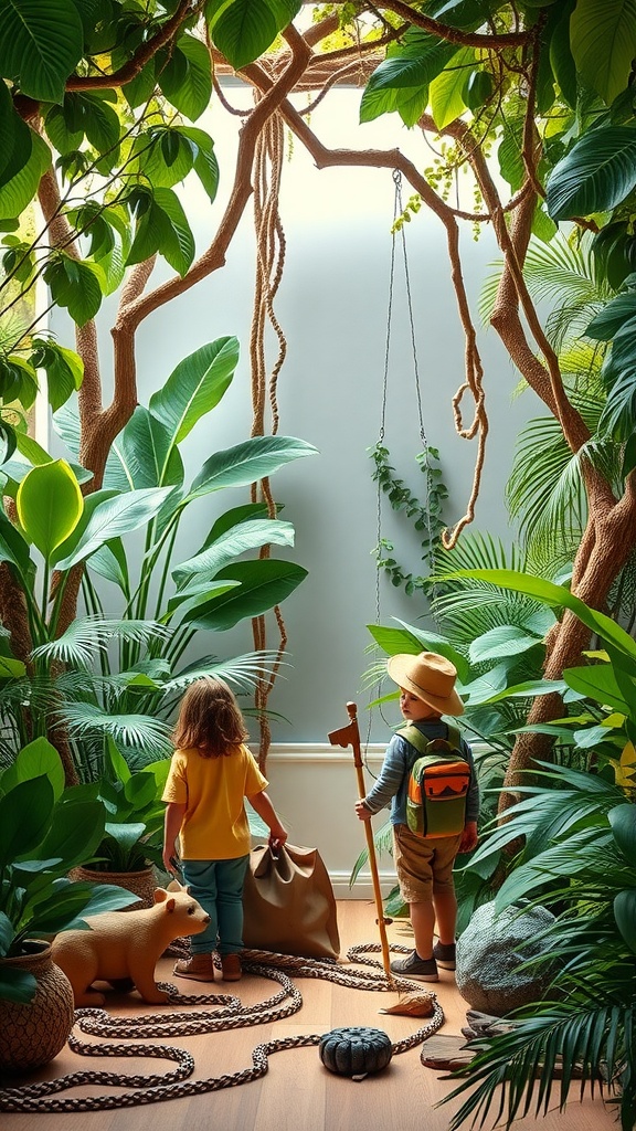 Two children exploring a jungle-themed escape room with lush greenery and playful props.