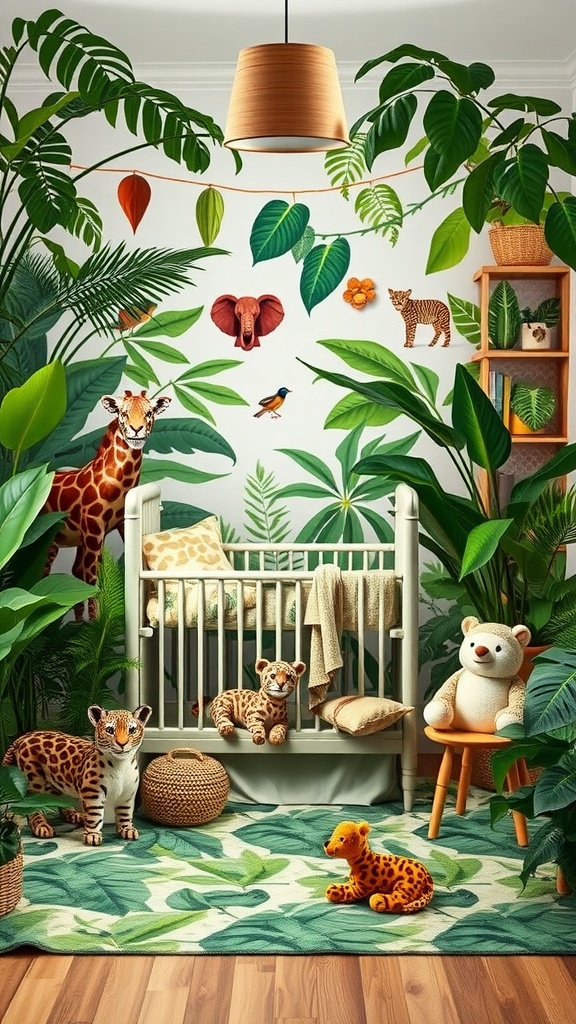 A jungle safari themed nursery for a baby boy with plants, animal decor, and a crib.