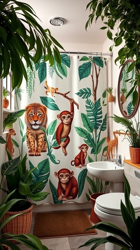 A jungle-themed bathroom with a colorful shower curtain featuring animals and plants.