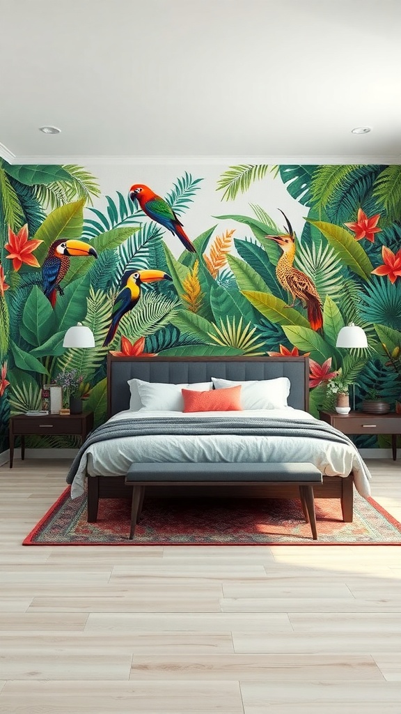A jungle-themed bedroom with a vibrant mural featuring tropical birds and lush foliage.