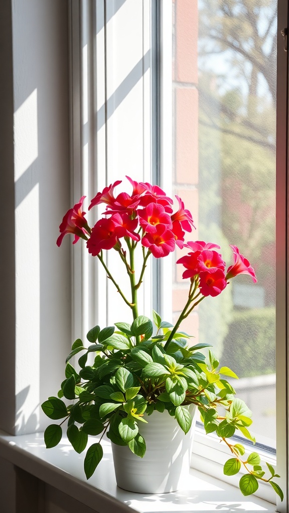 A vibrant pink Kalanchoe plant with green leaves on a windowsill, basking in sunlight.