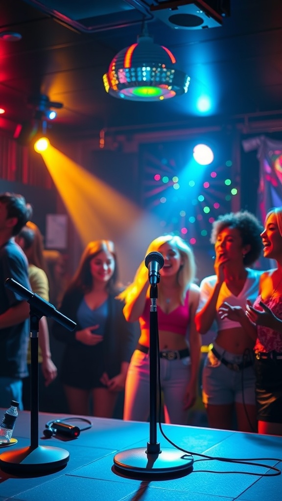 A lively karaoke night scene with friends singing and colorful lights