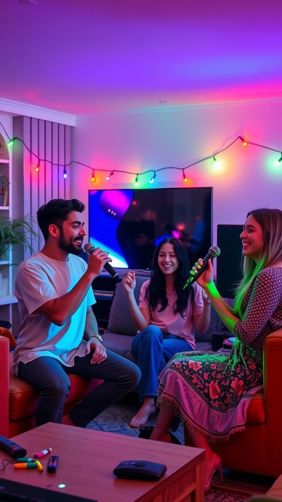 Three friends enjoying a karaoke night at home, holding microphones and smiling, with colorful lights in the background.