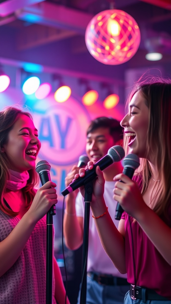 Friends singing karaoke together, enjoying a fun night out