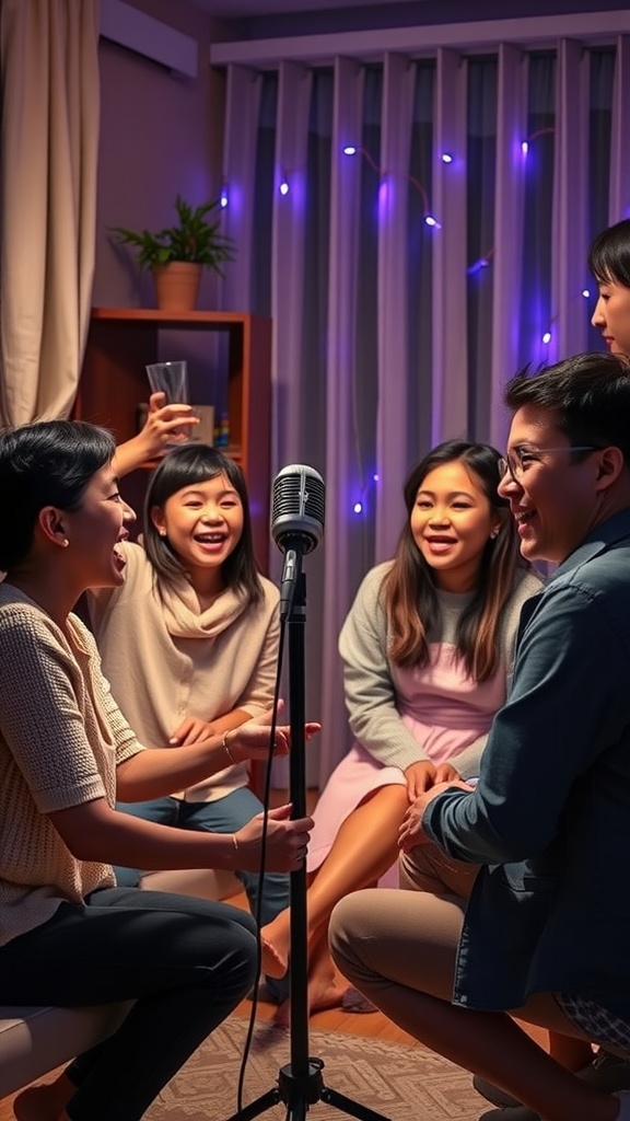 A group of family members happily participating in a karaoke sing-along, with a microphone in the center and colorful lights in the background.