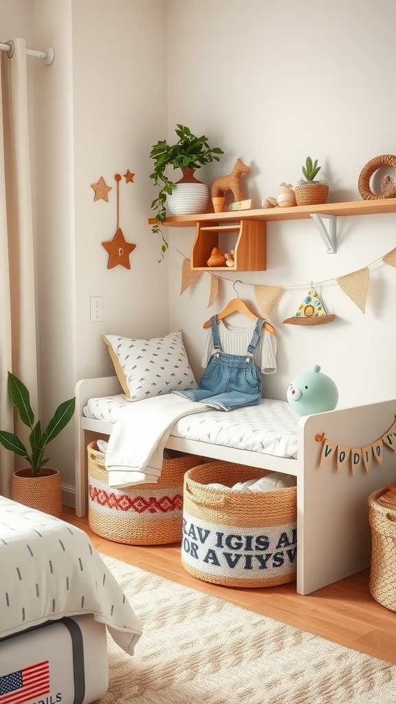 A cozy toddler bedroom corner featuring a bed, decorative items, and woven baskets for storage.
