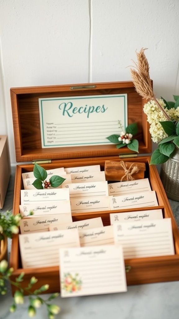 A wooden recipe card box with recipe cards and decorative flowers