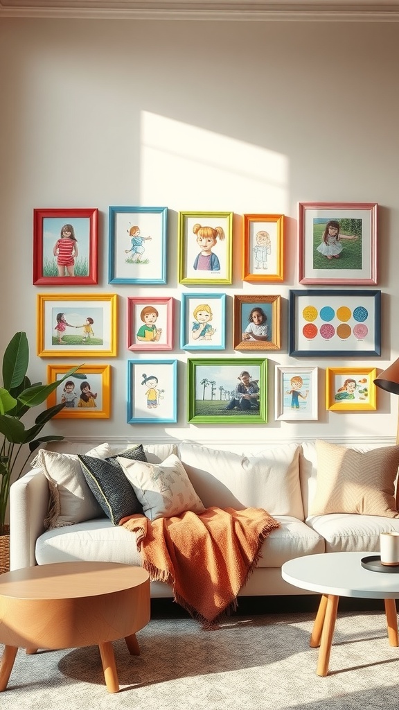 A colorful gallery wall featuring framed children's artwork in a living room setting.