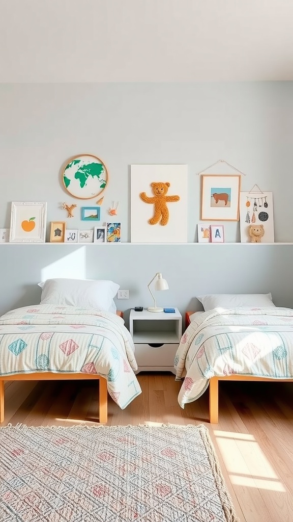 A bright shared bedroom with two twin beds, colorful quilts, and a decorative wall.