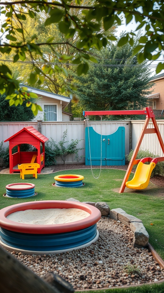 A colorful kid-friendly backyard play area with a playhouse, swings, and sandboxes.
