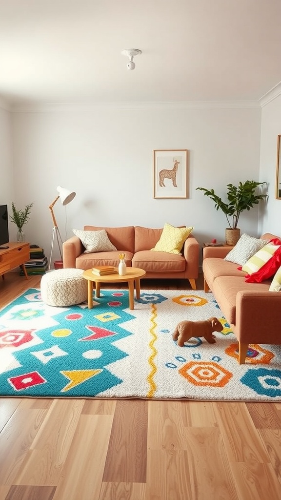 Colorful kid-friendly rug in a cheerful living room setting