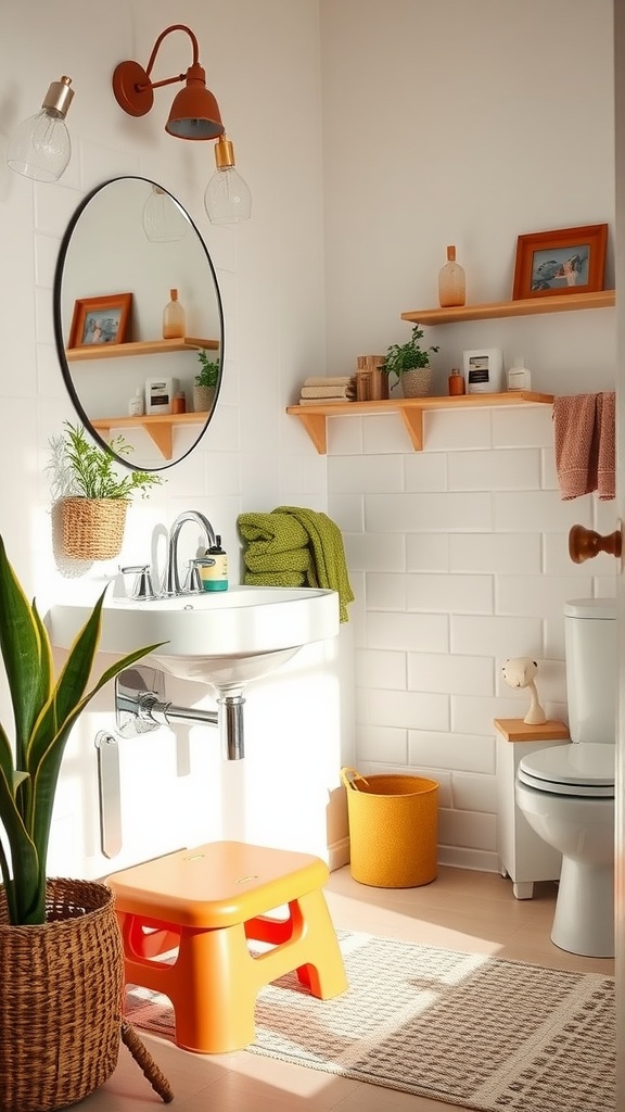 A bright and stylish bathroom featuring a kid-friendly orange step stool, plants, and cheerful decor.