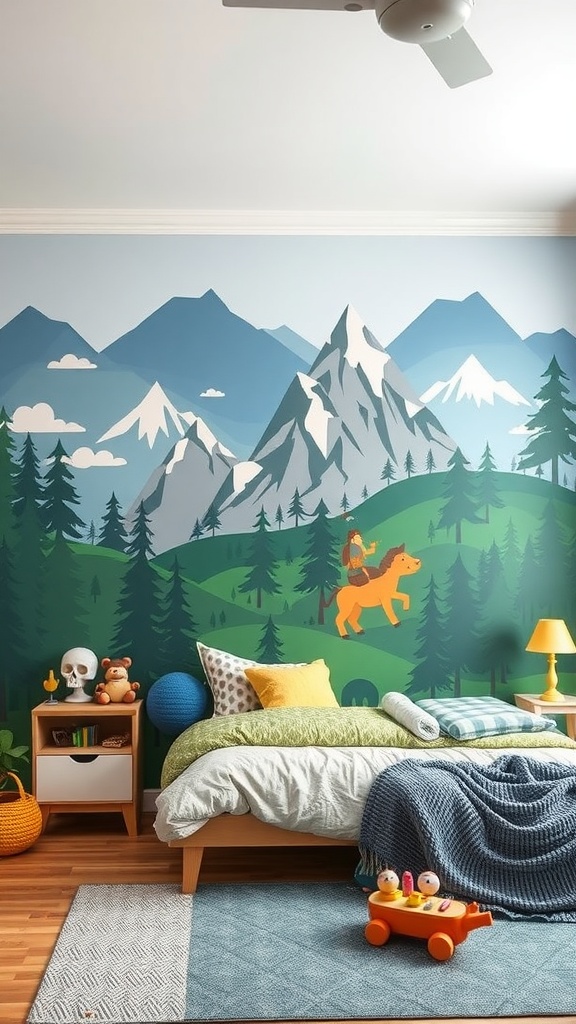 Wall painting of mountains and a child riding a horse in a kids' bedroom
