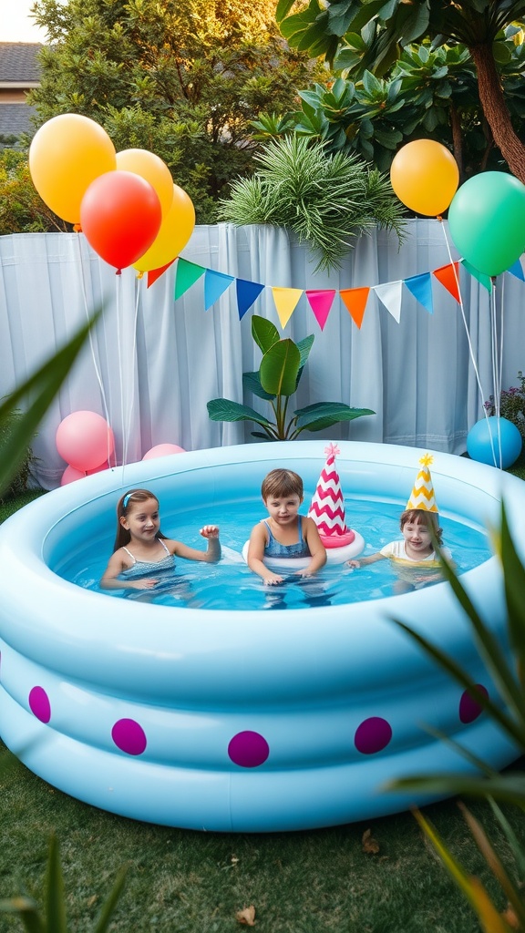Children having fun in an inflatable pool at a birthday party, surrounded by balloons and decorations.