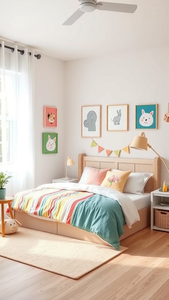 A bright kids' bedroom featuring a corner bed with colorful striped bedding, animal art on the walls, and a cozy rug.