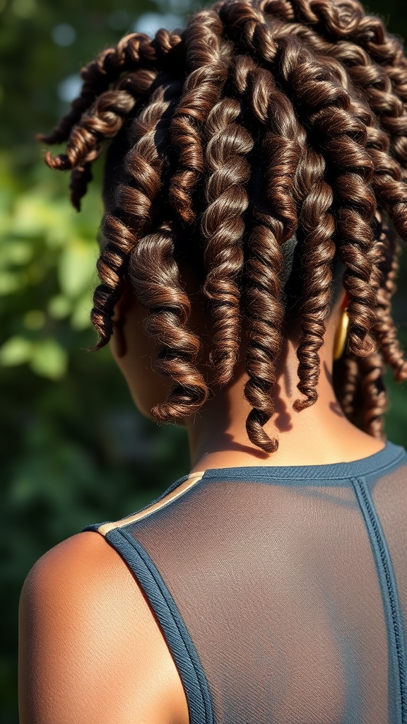 A close-up of a woman's back view showcasing beautifully defined kinky twist weaves in warm tones.