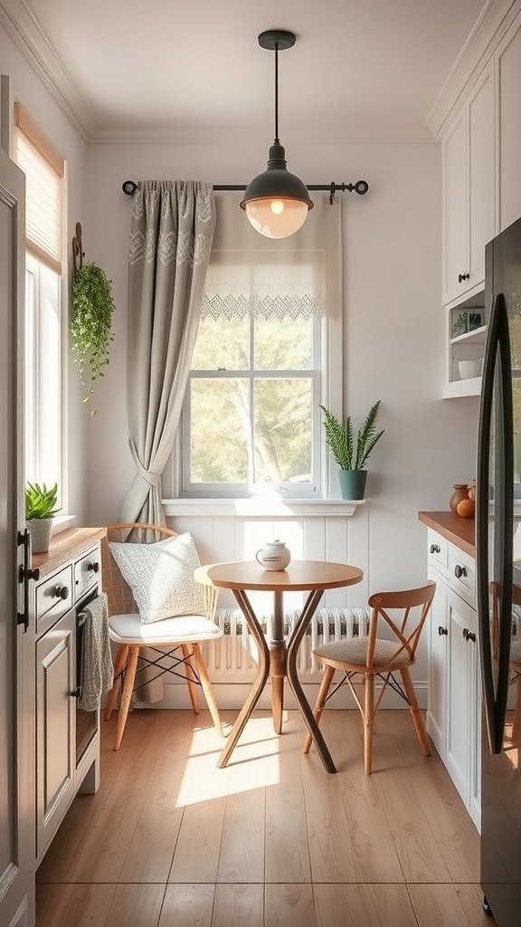 Cozy kitchen nook with a round table, two chairs, and plants by the window.